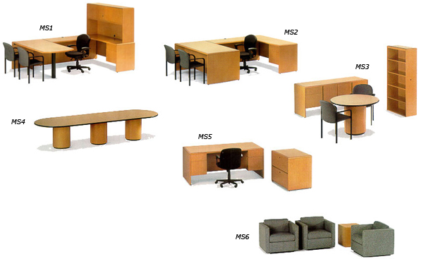 Photos of office furniture from Office Rental, Inc.: maple workstation, management desk, office conference group, racetrack conference table, round conference table, bookcase, lateral file, lobby furniture group